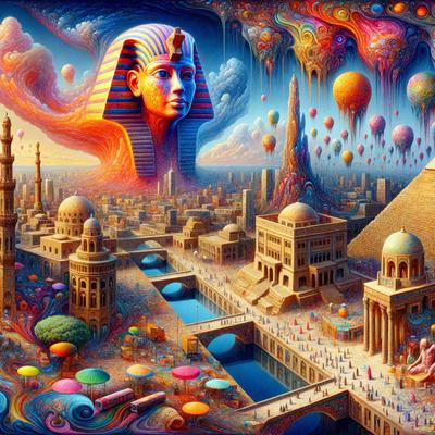 The primary subject of the image is a large, colorful painting of a city with a prominent Egyptian theme. The setting is a cityscape filled with various buildings, including a large Egyptian-style pyramid. The visual style is a combination of digital art and illustration, creating a vibrant and lively atmosphere. The colors and mood are predominantly warm and inviting, with a focus on the rich and diverse architecture of the city.